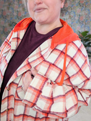 Alena Plaid Hooded Shacket in Orange and Burgundy-4- Overlayer Tops-WHITE BIRCH-Styled by Stacked - A Plus Size Women's Boutique in Lakeville, MN