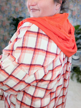 Alena Plaid Hooded Shacket in Orange and Burgundy-4- Overlayer Tops-WHITE BIRCH-Styled by Stacked - A Plus Size Women's Boutique in Lakeville, MN
