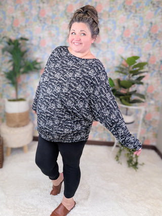 Gwen Slinky Boatneck Top in Black + Taupe Abstract Print-1- ShortSlv/Slvless Tops-WHITE BIRCH-Styled by Stacked - A Plus Size Women's Boutique in Lakeville, MN