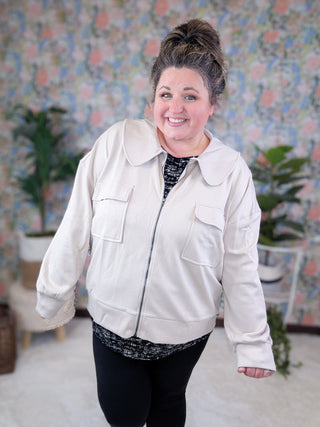 Dianna Peter Pan Collared Scuba Jacket in Stone Taupe-4- Overlayer Tops-WHITE BIRCH-Styled by Stacked - A Plus Size Women's Boutique in Lakeville, MN