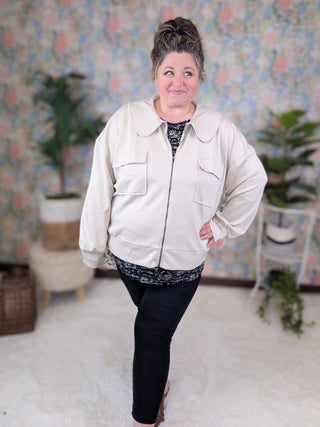 Dianna Peter Pan Collared Scuba Jacket in Stone Taupe-4- Overlayer Tops-WHITE BIRCH-Styled by Stacked - A Plus Size Women's Boutique in Lakeville, MN