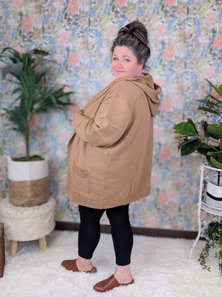 Tobi Sweater Cardigan w/Hood in Camel-4- Overlayer Tops-WHITE BIRCH-Styled by Stacked - A Plus Size Women's Boutique in Lakeville, MN