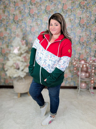 PHC Xmas Berry Colorblock Full Zip Hoodie-3- Hooded Tops-MICHELLE MAE-Styled by Stacked - A Plus Size Women's Boutique in Lakeville, MN
