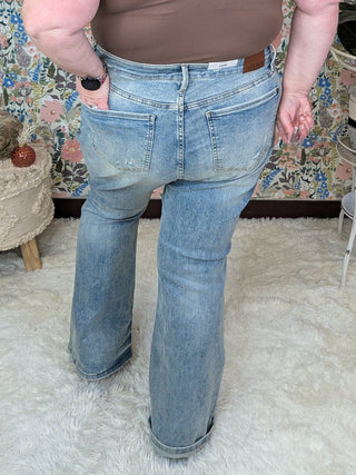 Judy Blue Vintage Wash Pin Tack Flares-9- Bottoms Denim-Judy Blue-Styled by Stacked - A Plus Size Women's Boutique in Lakeville, MN