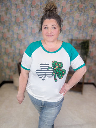 Saoirse Ringer Tee w/Clovers-6- Graphic Tops-HEIMISH-Styled by Stacked - A Plus Size Women's Boutique in Lakeville, MN