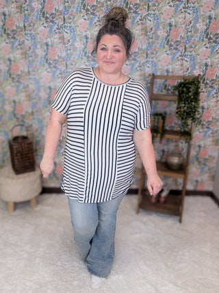 Gretel Short Sleeve Switched Stripe Top in Ivory + Black-1- ShortSlv/Slvless Tops-HEIMISH-Styled by Stacked - A Plus Size Women's Boutique in Lakeville, MN