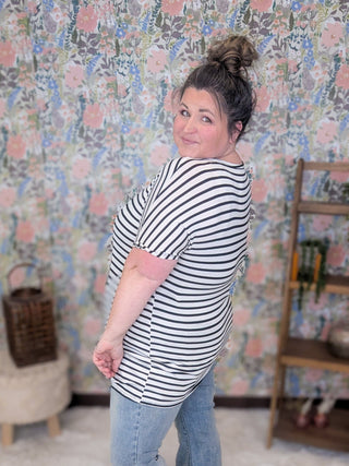Gretel Short Sleeve Switched Stripe Top in Ivory + Black-1- ShortSlv/Slvless Tops-HEIMISH-Styled by Stacked - A Plus Size Women's Boutique in Lakeville, MN
