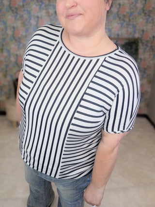 Gretel Short Sleeve Switched Stripe Top in Ivory + Black-1- ShortSlv/Slvless Tops-HEIMISH-Styled by Stacked - A Plus Size Women's Boutique in Lakeville, MN