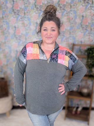 Madison Geometric Print Quarter Zip in Olive-4- Overlayer Tops-HEIMISH-Styled by Stacked - A Plus Size Women's Boutique in Lakeville, MN