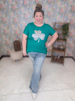 Orla Crewneck Tee w/Large Sparkle Clover (2 Colors)-6- Graphic Tops-HEIMISH-Styled by Stacked - A Plus Size Women's Boutique in Lakeville, MN
