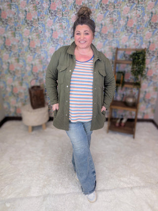 4- Overlayer Tops Ian Quilted Sweatshirt Shacket in Olive plus size clothing