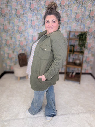 Ian Quilted Sweatshirt Shacket in Olive-4- Overlayer Tops-HEIMISH-Styled by Stacked - A Plus Size Women's Boutique in Lakeville, MN
