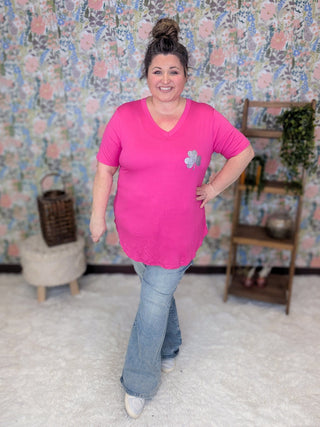 Aoife Vneck Tee w/Small Sparkle Clover-6- Graphic Tops-HEIMISH-Styled by Stacked - A Plus Size Women's Boutique in Lakeville, MN