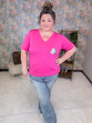 Aoife Vneck Tee w/Small Sparkle Clover-6- Graphic Tops-HEIMISH-Styled by Stacked - A Plus Size Women's Boutique in Lakeville, MN