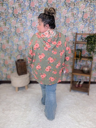 3- Hooded Tops Shawn Urban Ribbed Hooded Pullover in Olive Floral plus size clothing