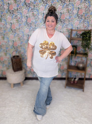 6- Graphic Tops Ms Lucky Urban Rib Oatmeal Top w/Gold Clover plus size clothing