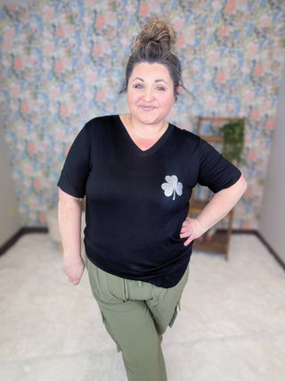 Aoife Vneck Tee w/Small Sparkle Clover-6- Graphic Tops-HEIMISH-Styled by Stacked - A Plus Size Women's Boutique in Lakeville, MN