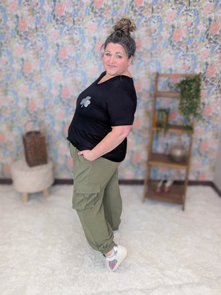 Sunnie Airflow Jogger w/Cargo Pockets in Olive Green-10- Bottoms Non-Denim-WHITE BIRCH-Styled by Stacked - A Plus Size Women's Boutique in Lakeville, MN