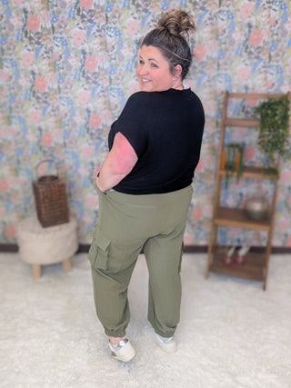 Sunnie Airflow Jogger w/Cargo Pockets in Olive Green-10- Bottoms Non-Denim-WHITE BIRCH-Styled by Stacked - A Plus Size Women's Boutique in Lakeville, MN