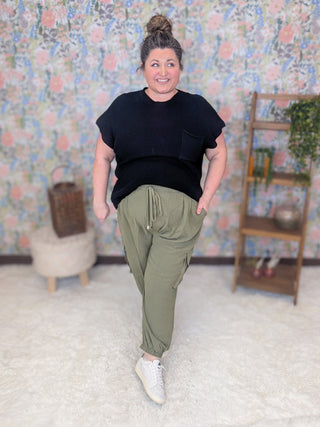 Sunnie Airflow Jogger w/Cargo Pockets in Olive Green-10- Bottoms Non-Denim-WHITE BIRCH-Styled by Stacked - A Plus Size Women's Boutique in Lakeville, MN