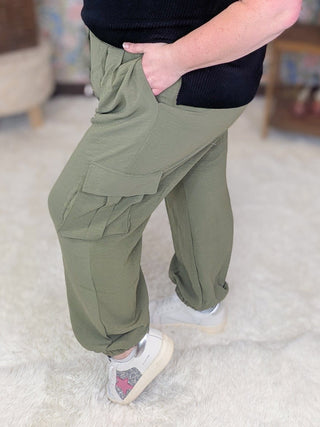 Sunnie Airflow Jogger w/Cargo Pockets in Olive Green-10- Bottoms Non-Denim-WHITE BIRCH-Styled by Stacked - A Plus Size Women's Boutique in Lakeville, MN