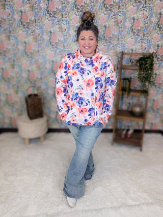 3- Hooded Tops PHC Cloud Funnel Neck Pullover in Ivory Sunset Floral plus size clothing