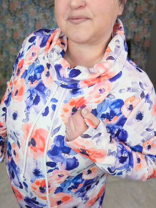 3- Hooded Tops PHC Cloud Funnel Neck Pullover in Ivory Sunset Floral plus size clothing