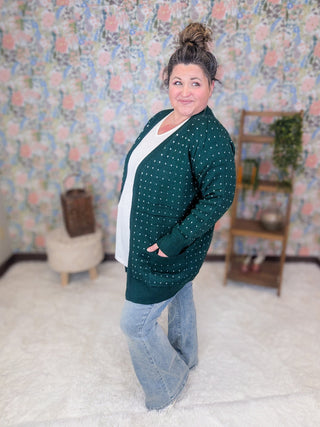 Kayla Sweater Cardigan in Polka Dot on Green-4- Overlayer Tops-MICHELLE MAE-Styled by Stacked - A Plus Size Women's Boutique in Lakeville, MN