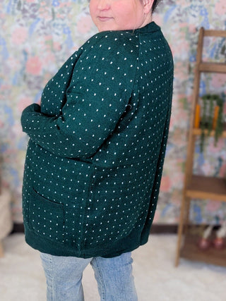 Kayla Sweater Cardigan in Polka Dot on Green-4- Overlayer Tops-MICHELLE MAE-Styled by Stacked - A Plus Size Women's Boutique in Lakeville, MN