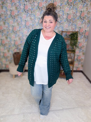 Kayla Sweater Cardigan in Polka Dot on Green-4- Overlayer Tops-MICHELLE MAE-Styled by Stacked - A Plus Size Women's Boutique in Lakeville, MN