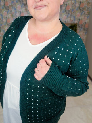 Kayla Sweater Cardigan in Polka Dot on Green-4- Overlayer Tops-MICHELLE MAE-Styled by Stacked - A Plus Size Women's Boutique in Lakeville, MN