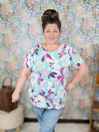 Debbie Short Sleeve Plum Floral Top on Aqua-1- ShortSlv/Slvless Tops-HAPTICS-Styled by Stacked - A Plus Size Women's Boutique in Lakeville, MN