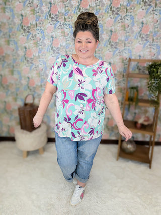 Debbie Short Sleeve Plum Floral Top on Aqua-1- ShortSlv/Slvless Tops-HAPTICS-Styled by Stacked - A Plus Size Women's Boutique in Lakeville, MN