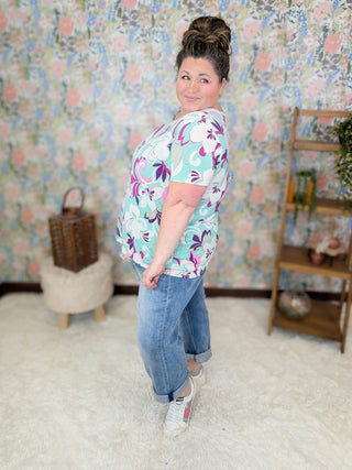 Debbie Short Sleeve Plum Floral Top on Aqua-1- ShortSlv/Slvless Tops-HAPTICS-Styled by Stacked - A Plus Size Women's Boutique in Lakeville, MN