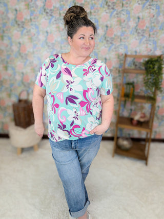 Debbie Short Sleeve Plum Floral Top on Aqua-1- ShortSlv/Slvless Tops-HAPTICS-Styled by Stacked - A Plus Size Women's Boutique in Lakeville, MN
