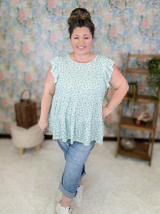 Sonnet Flutter Sleeve Tiered Top in Ivory Ditsy Floral (2 Colors)-1- ShortSlv/Slvless Tops-HEIMISH-Styled by Stacked - A Plus Size Women's Boutique in Lakeville, MN