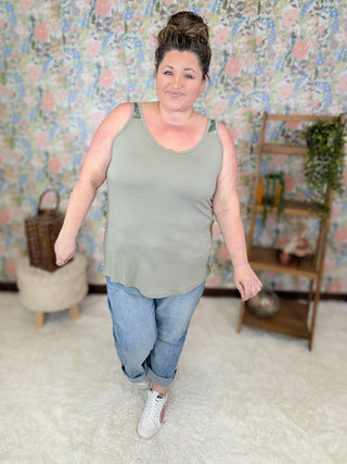 Alora Olive Tank w/Camo Accent-1- ShortSlv/Slvless Tops-MICHELLE MAE-Styled by Stacked - A Plus Size Women's Boutique in Lakeville, MN