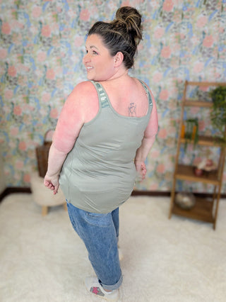 Alora Olive Tank w/Camo Accent-1- ShortSlv/Slvless Tops-MICHELLE MAE-Styled by Stacked - A Plus Size Women's Boutique in Lakeville, MN