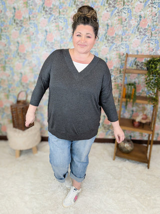 Renee 3/4 Sleeve Vneck Tee w/White Inset (4 Colors)-2- Long Sleeve Tops-Emerald Collection-Styled by Stacked - A Plus Size Women's Boutique in Lakeville, MN