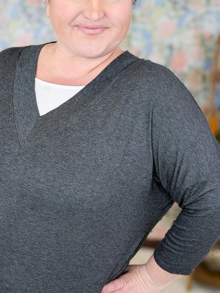 Renee 3/4 Sleeve Vneck Tee w/White Inset (4 Colors)-2- Long Sleeve Tops-Emerald Collection-Styled by Stacked - A Plus Size Women's Boutique in Lakeville, MN