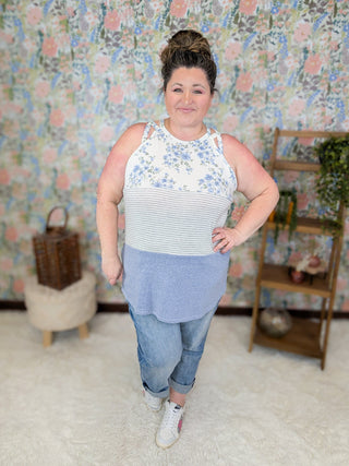 Anita Strappy Detail Tank in Floral + Stripe Colorblock (3 Colors)-1- ShortSlv/Slvless Tops-LOVELY MELODY-Styled by Stacked - A Plus Size Women's Boutique in Lakeville, MN