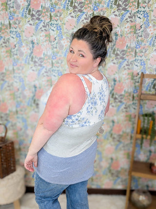 Anita Strappy Detail Tank in Floral + Stripe Colorblock (3 Colors)-1- ShortSlv/Slvless Tops-LOVELY MELODY-Styled by Stacked - A Plus Size Women's Boutique in Lakeville, MN