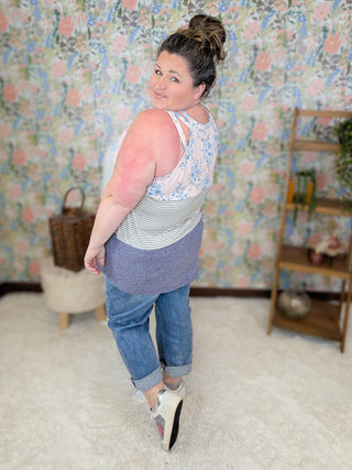 Anita Strappy Detail Tank in Floral + Stripe Colorblock (3 Colors)-1- ShortSlv/Slvless Tops-LOVELY MELODY-Styled by Stacked - A Plus Size Women's Boutique in Lakeville, MN
