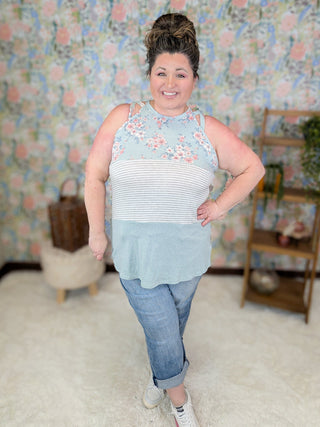Anita Strappy Detail Tank in Floral + Stripe Colorblock (3 Colors)-1- ShortSlv/Slvless Tops-LOVELY MELODY-Styled by Stacked - A Plus Size Women's Boutique in Lakeville, MN