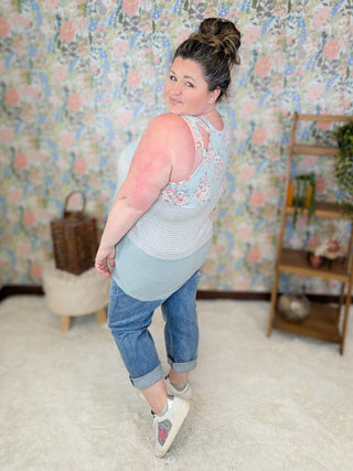 Anita Strappy Detail Tank in Floral + Stripe Colorblock (3 Colors)-1- ShortSlv/Slvless Tops-LOVELY MELODY-Styled by Stacked - A Plus Size Women's Boutique in Lakeville, MN