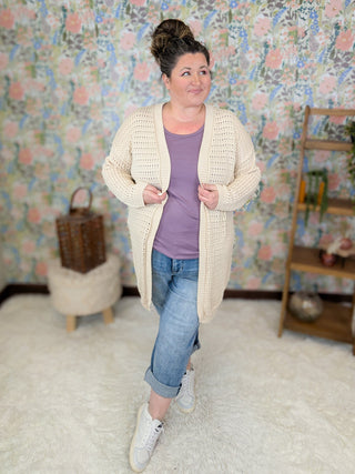 Nixie Open Knit Sweater Cardigan in Taupe-4- Overlayer Tops-WHITE BIRCH-Styled by Stacked - A Plus Size Women's Boutique in Lakeville, MN