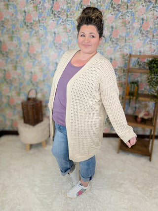 Nixie Open Knit Sweater Cardigan in Taupe-4- Overlayer Tops-WHITE BIRCH-Styled by Stacked - A Plus Size Women's Boutique in Lakeville, MN