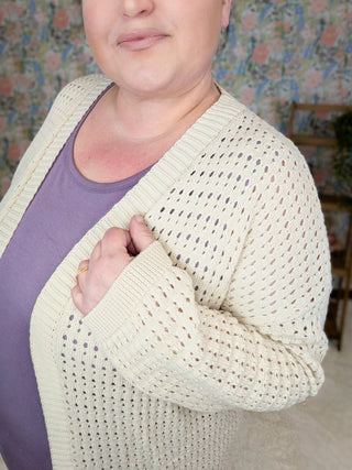 Nixie Open Knit Sweater Cardigan in Taupe-4- Overlayer Tops-WHITE BIRCH-Styled by Stacked - A Plus Size Women's Boutique in Lakeville, MN