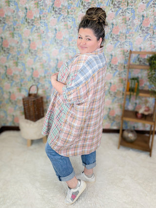 Irina Longline Pastel Plaid Buttondown Top-2- Long Sleeve Tops-WHITE BIRCH-Styled by Stacked - A Plus Size Women's Boutique in Lakeville, MN