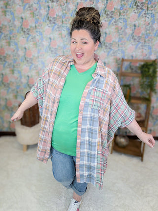 Irina Longline Pastel Plaid Buttondown Top-2- Long Sleeve Tops-WHITE BIRCH-Styled by Stacked - A Plus Size Women's Boutique in Lakeville, MN